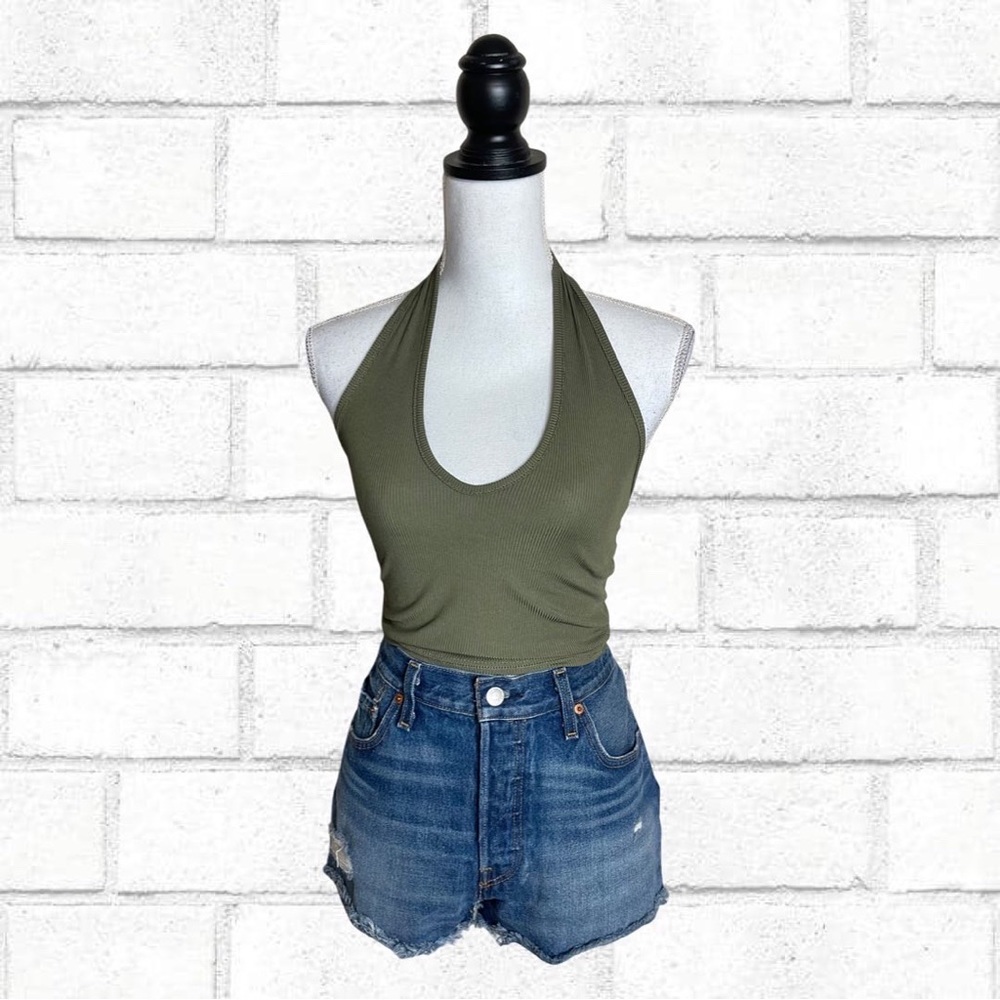 Nasty Gal Dark Green Olive Ribbed Cropped Halter Tank Top